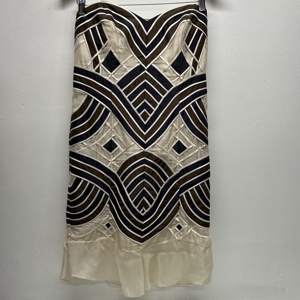 Carolina Herrera Dress Strapless Midi Silk Striped Brown Cream Size Large * - Picture 2 of 8